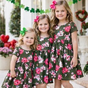Girls Olive Green Floral Short Sleeve Swing Dress with Pink Rose Print